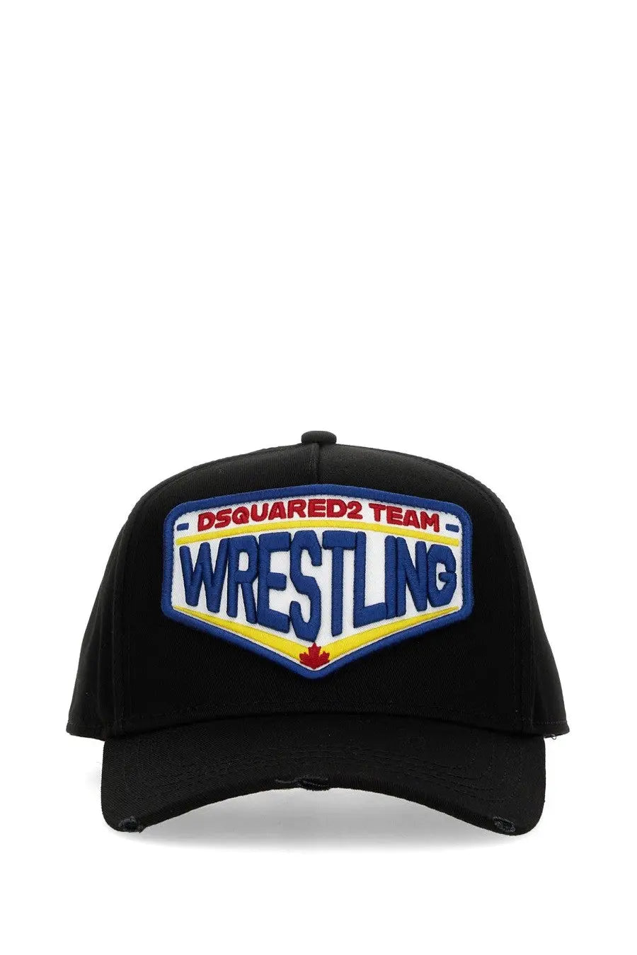 Black Dsquared2 men’s baseball hat featuring a bold embroidered wrestling patch with blue, yellow, and red details
