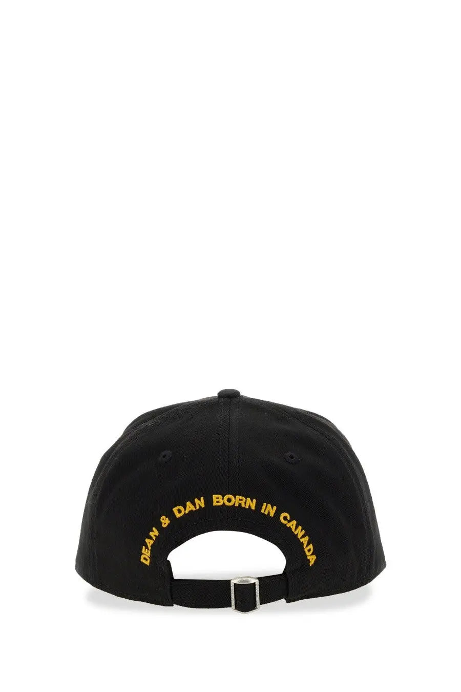 Black dsquared2 men’s baseball hat with gold embroidered dean and dan born in canada text on the back