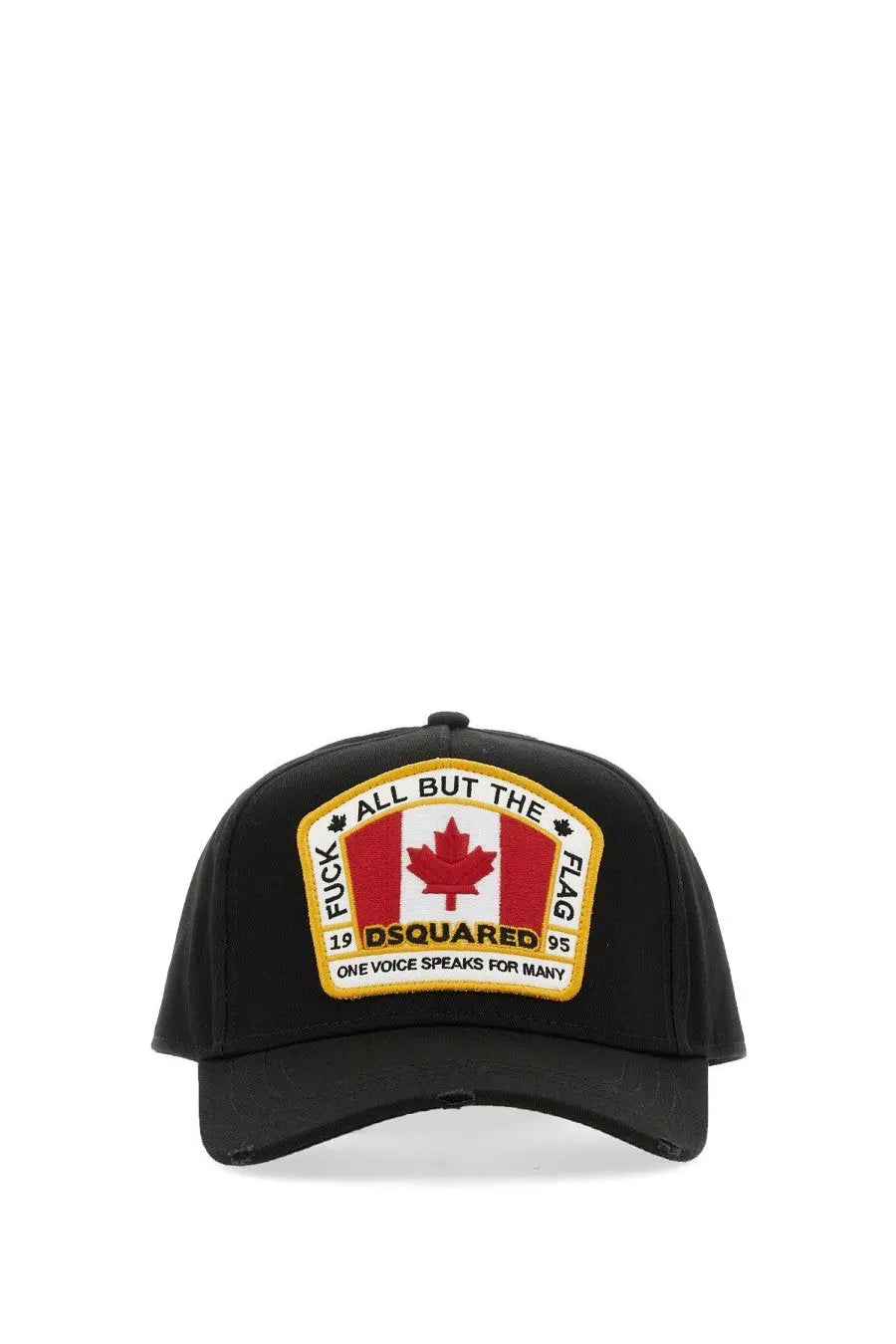 Black Dsquared2 men’s baseball hat featuring an embroidered red maple leaf patch on a white and red flag background