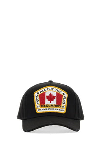 Black Dsquared2 men’s baseball hat featuring an embroidered red maple leaf patch on a white and red flag background