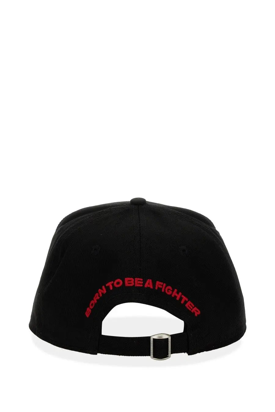 Back side of dsquared2 men’s black baseball hat with red embroidered born to be a fighter text and silver metal buckle