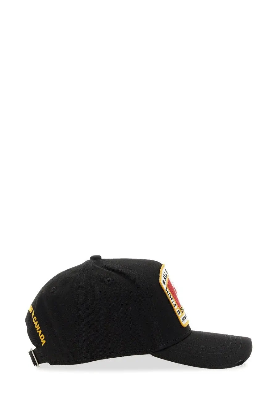 Dsquared2 men’s black baseball hat with red and yellow embroidered patch and gold lettering on the side