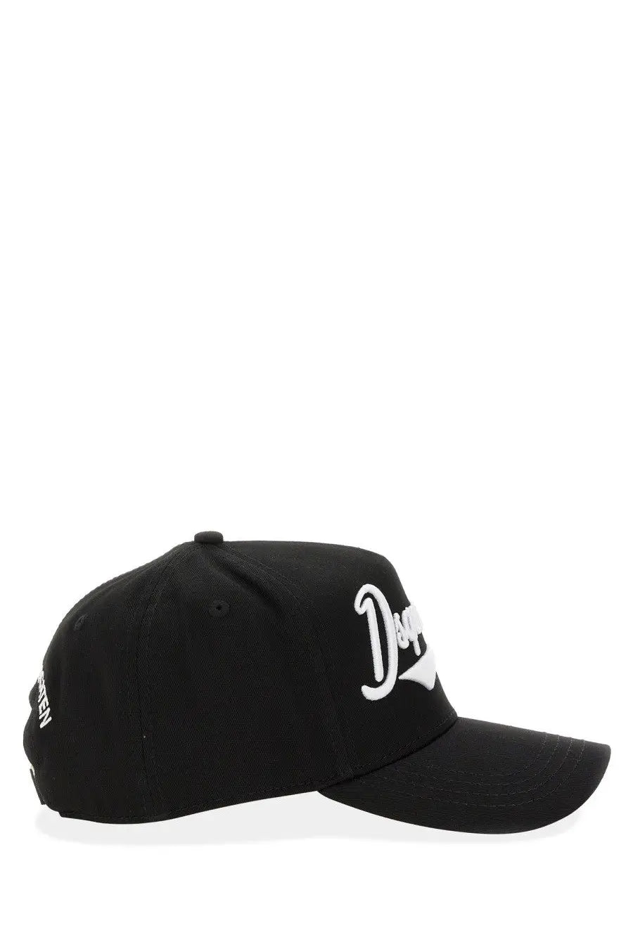 Black dsquared2 men’s baseball hat with white embroidered logo and adjustable strap in cotton material