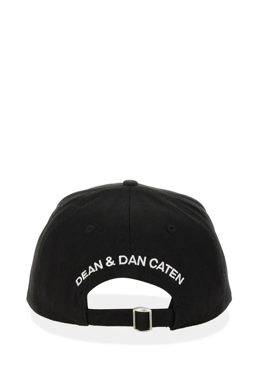 Black dsquared2 men’s baseball hat showing back with white embroidered dean and dan caten branding