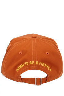 Dsquared2 men’s orange baseball hat with yellow born to be a fighter embroidery and silver buckle adjustable strap back view