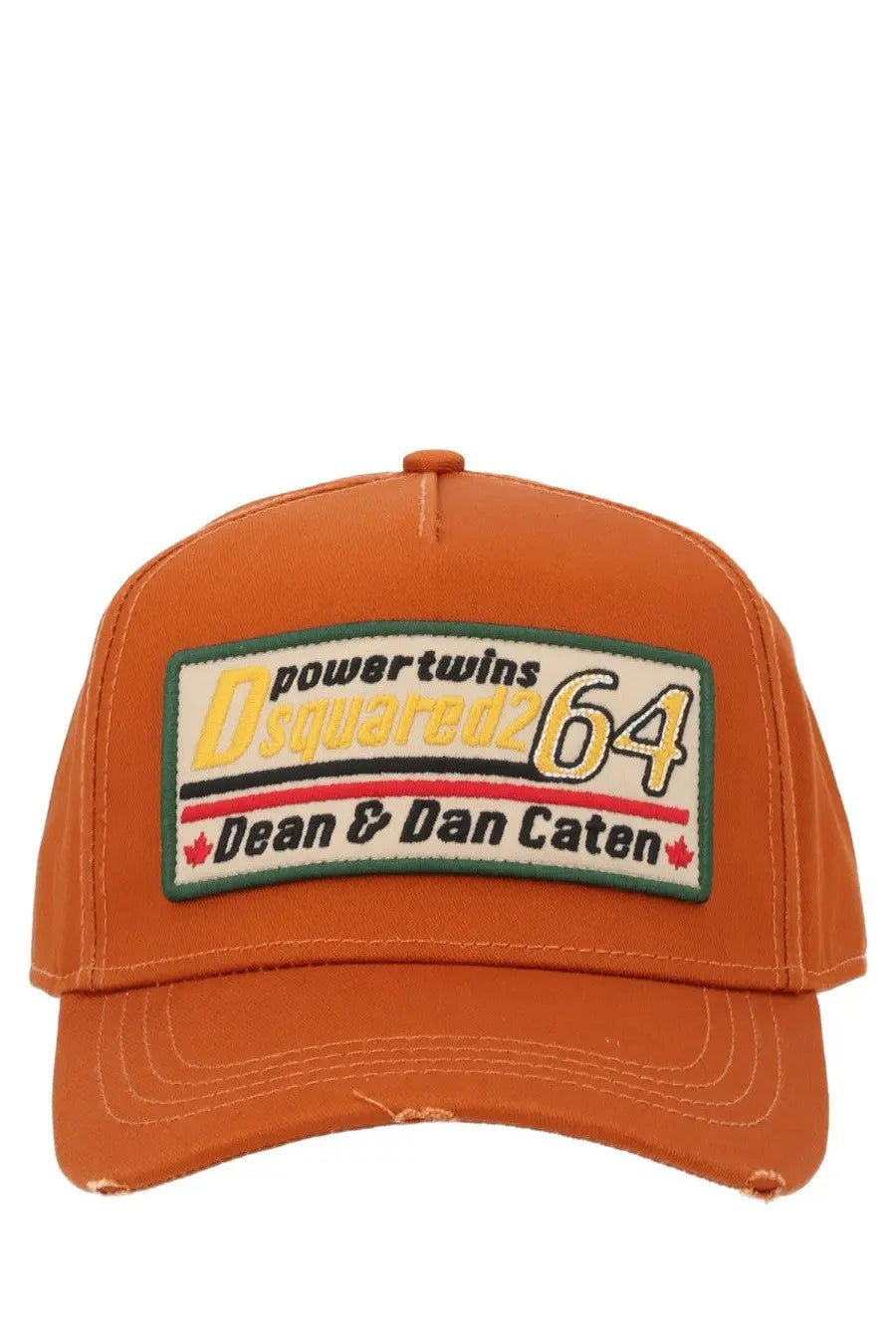 Dsquared2 men’s orange trucker cap with power twins 64 patch in yellow black red and white lettering