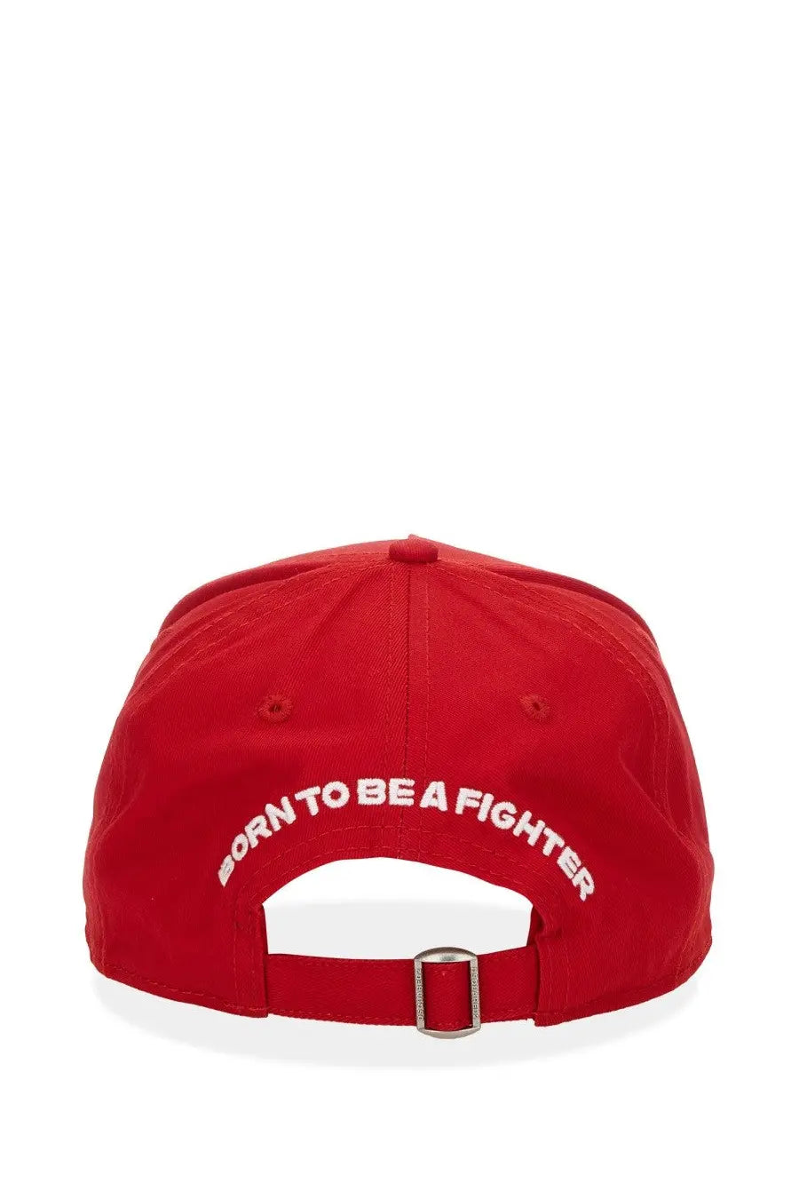 Dsquared2 men’s red baseball hat with white born to be a fighter embroidery and silver metal buckle closure