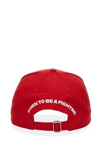 Dsquared2 men’s red baseball hat with white born to be a fighter embroidery and silver metal buckle closure
