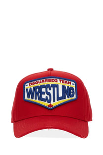 Dsquared2 men’s red baseball hat with bold embroidered patch featuring blue lettering yellow white accents and maple leaf emblem