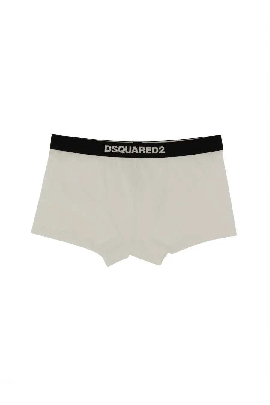Dsquared2 men’s white boxer briefs with a black waistband featuring the brand logo in white lettering
