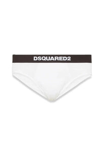 Dsquared2 men’s white briefs with a black waistband featuring the brand’s white logo lettering for everyday wear