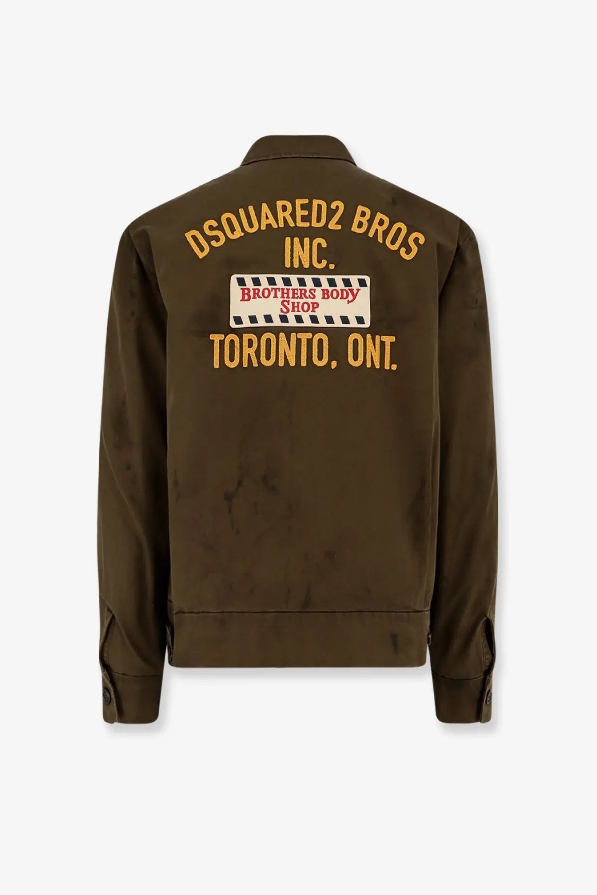 Olive green dsquared2 men’s bros cotton padded bomber jacket with gold embroidery and vintage toronto patch on back