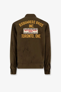 Olive green dsquared2 men’s bros cotton padded bomber jacket with gold embroidery and vintage toronto patch on back