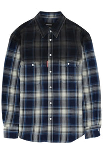 Dsquared2 men’s Canadian vintage shirt in dark blue and gray plaid with white buttons and collar label
