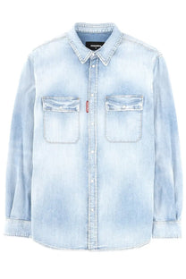 Dsquared2 men’s canadian vintage light blue distressed denim shirt with two front pockets and button-down collar