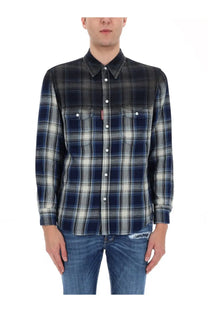 Dsquared2 men’s canadian vintage shirt blue navy gray and white plaid long-sleeved button-up with chest pockets
