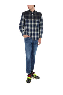 Dsquared2 men’s Canadian vintage shirt blue navy and white plaid button-up with two chest pockets