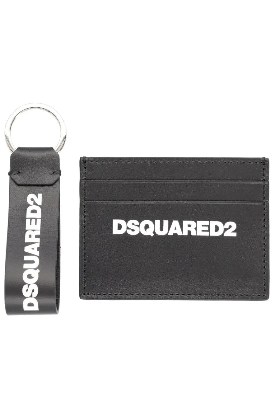 Black leather Dsquared2 men’s card holder and keychain gift set with white logo in black color