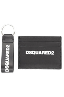 Black leather Dsquared2 men’s card holder and keychain gift set with white logo in black color