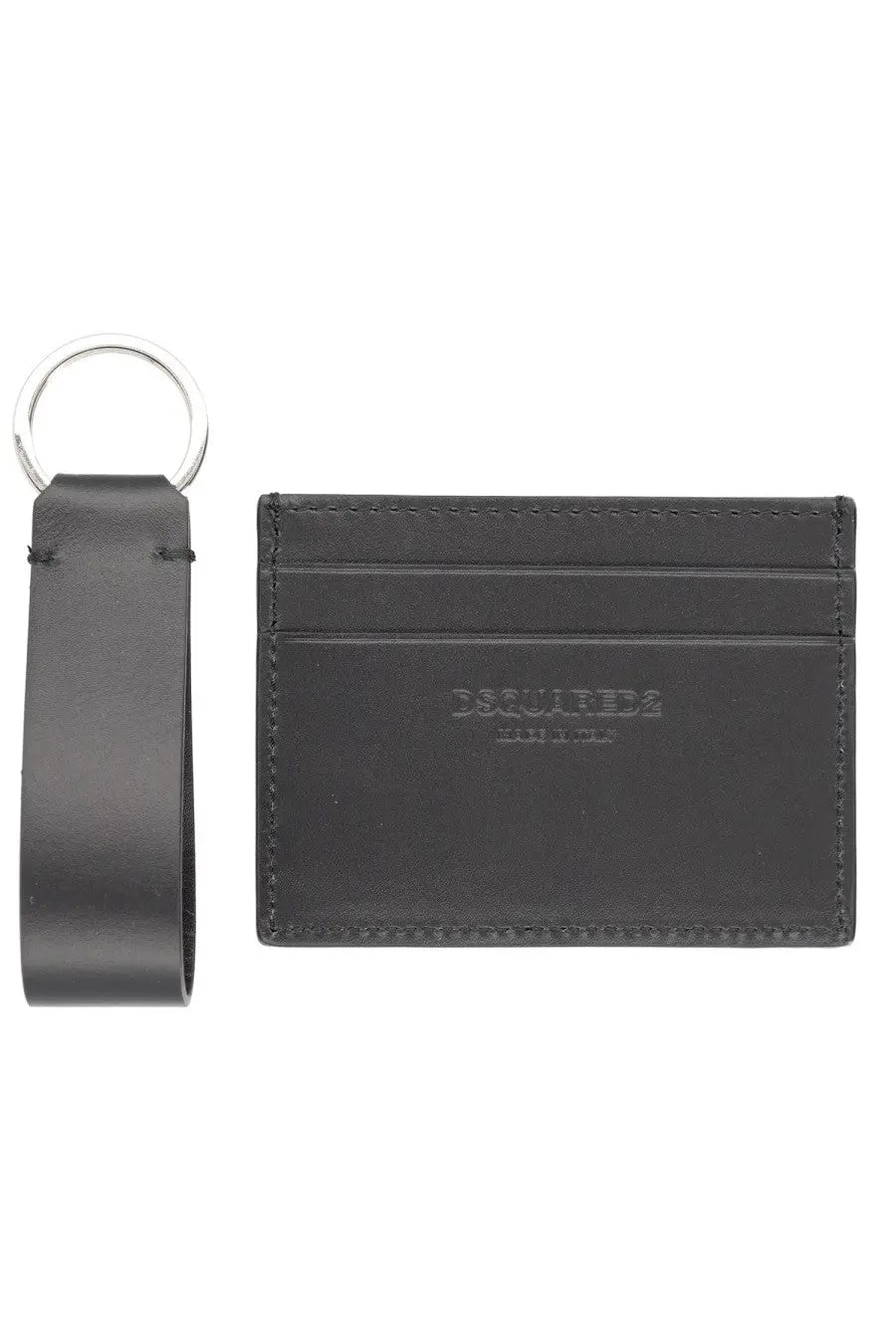 Dsquared2 men’s black leather card holder with silver key ring attachment in a card holder and keychain gift set