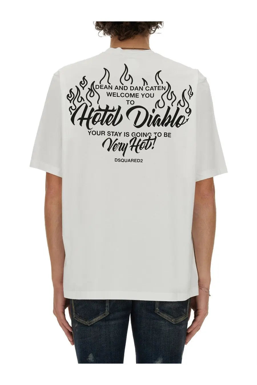 Dsquared2 men’s white cotton t-shirt with black flame graphic and hotel diablo text cool fit shirt front view