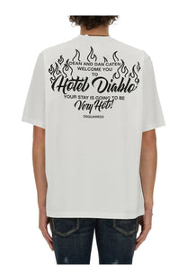 Dsquared2 men’s white cotton t-shirt with black flame graphic and hotel diablo text cool fit shirt front view