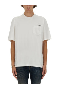 Dsquared2 men’s cool fit white t-shirt with a chest pocket and black logo on cotton material