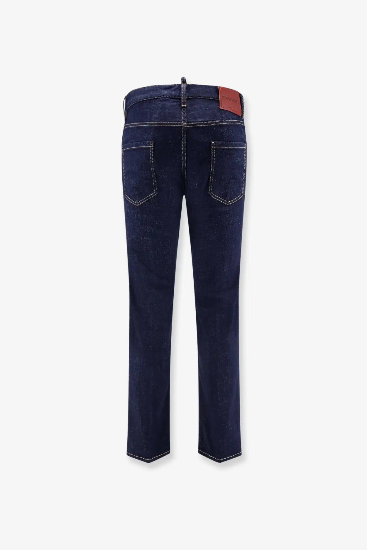 Dsquared2 men’s cool guy jeans in dark blue denim with white stitching and a brown leather brand patch at the waistband