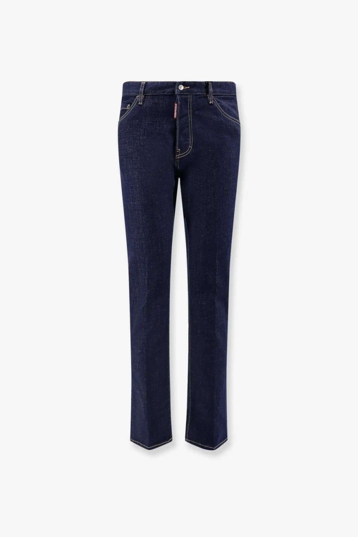 Dsquared2 men’s cool guy jeans blue dark indigo denim with white stitching and a small red waistband tag