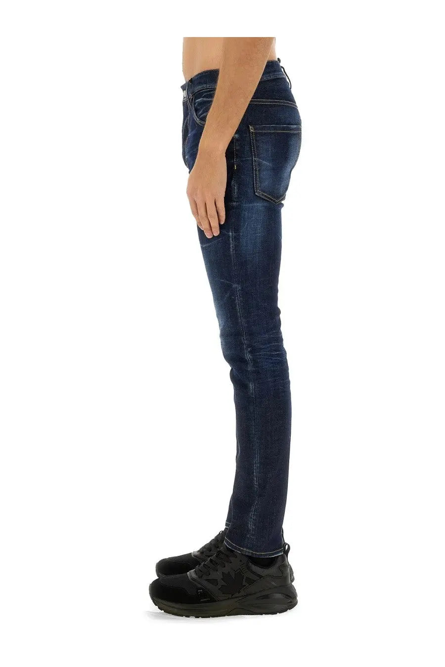 Dsquared2 men’s cool guy dark blue slim-fit denim jeans with worn distressed look and visible stitching details
