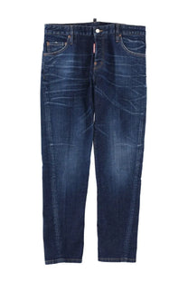 Dsquared2 men’s cotton denim jeans in dark blue with faded worn-in look and subtle whiskering details