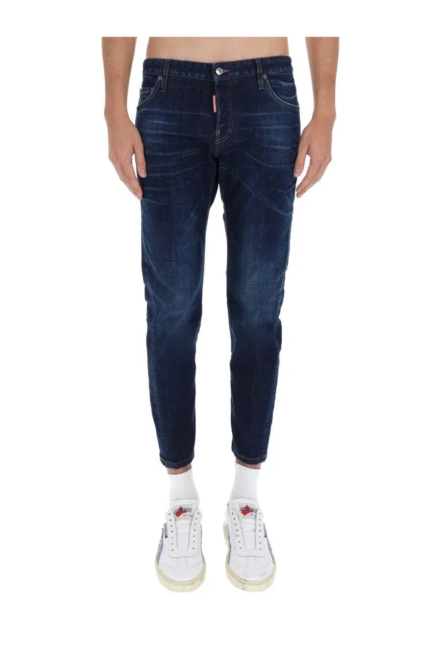Dark indigo slim-fit cotton denim jeans with subtle fading and dsquared2 logo on back pocket in mens blue style
