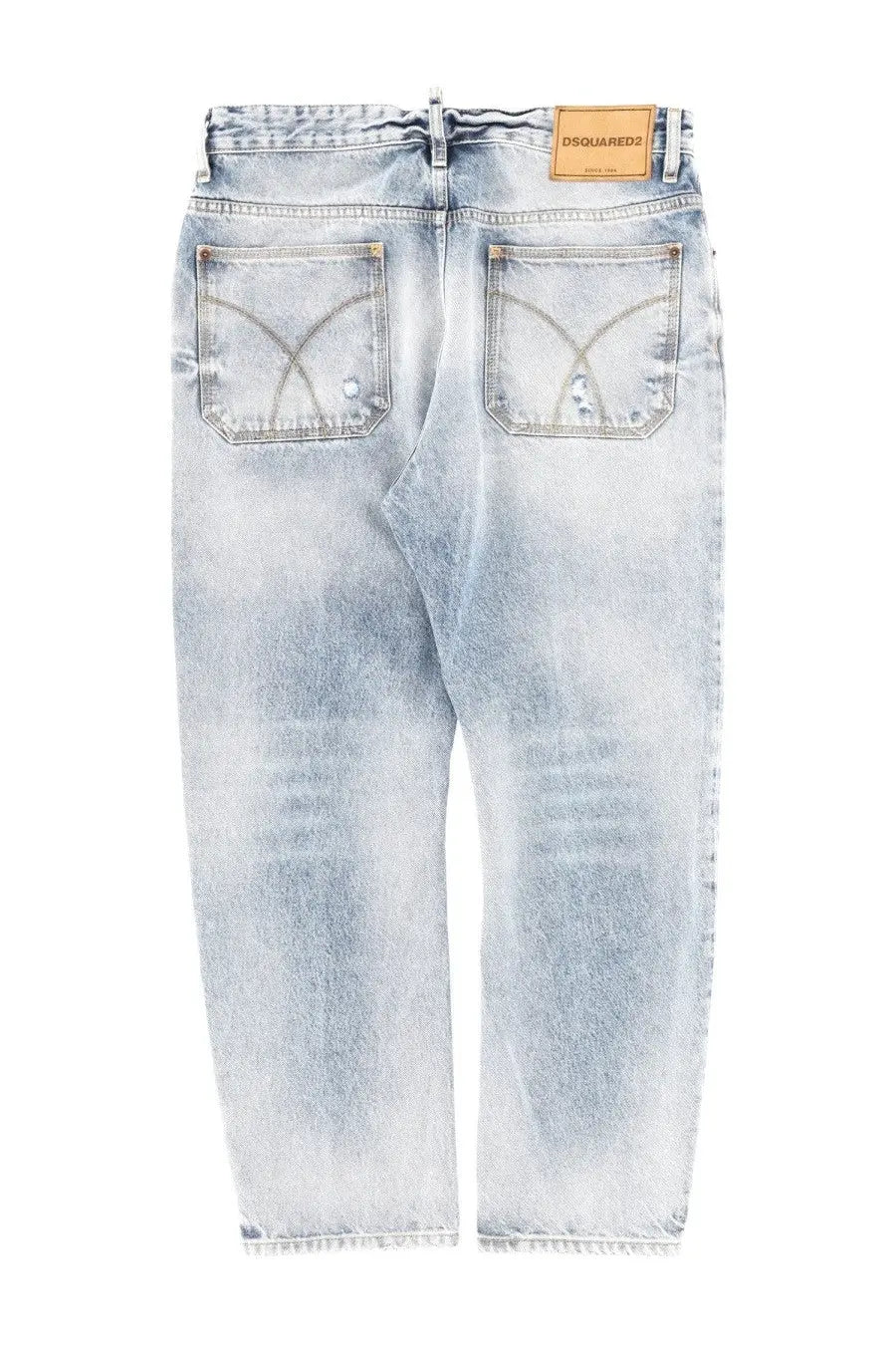 Light-wash cotton denim jeans with distressed back pockets and dsquared2 label shown from the back side