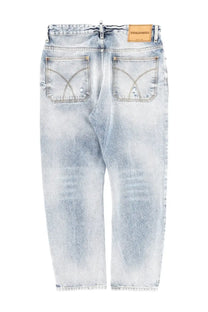 Light-wash cotton denim jeans with distressed back pockets and dsquared2 label shown from the back side