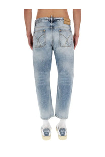 Dsquared2 men’s light-wash blue cotton denim jeans with a faded distressed look and subtle stitching details
