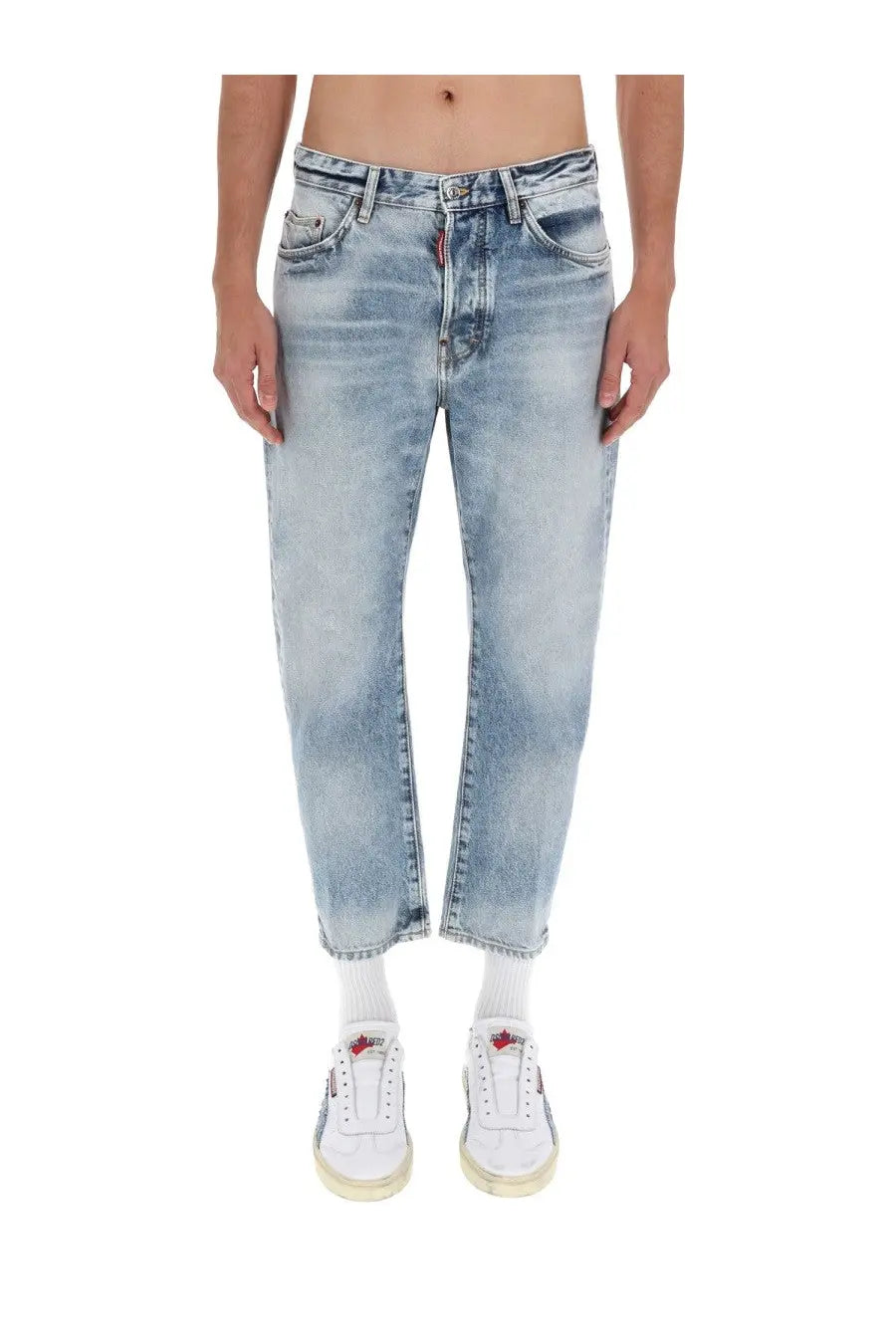 Dsquared2 men’s cotton denim jeans in light-wash blue with relaxed cropped fit and subtle fading for worn-in look