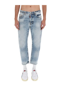 Dsquared2 men’s cotton denim jeans in light-wash blue with relaxed cropped fit and subtle fading for worn-in look