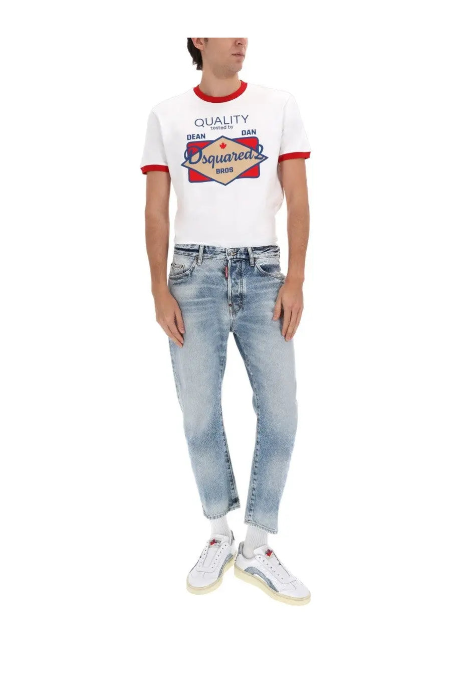 White ringer tee with red trim and colorful dsquared2 logo paired with blue cotton denim jeans for men