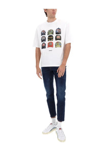 White t-shirt with colorful baseball cap grid graphic paired with Dsquared2 men’s blue cotton denim jeans
