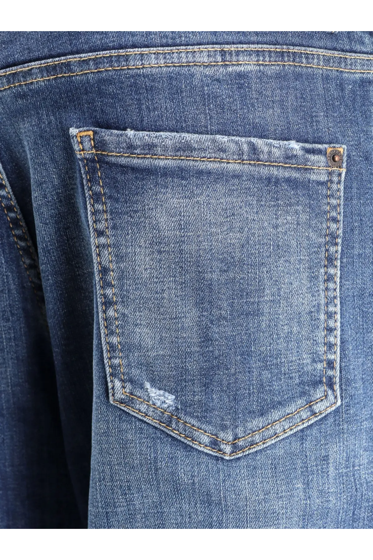 Back side of dsquared2 men’s blue cotton jeans showing denim pocket with light brown stitching and faded patch