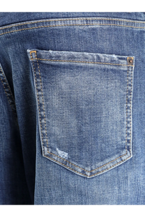 Back side of dsquared2 men’s blue cotton jeans showing denim pocket with light brown stitching and faded patch
