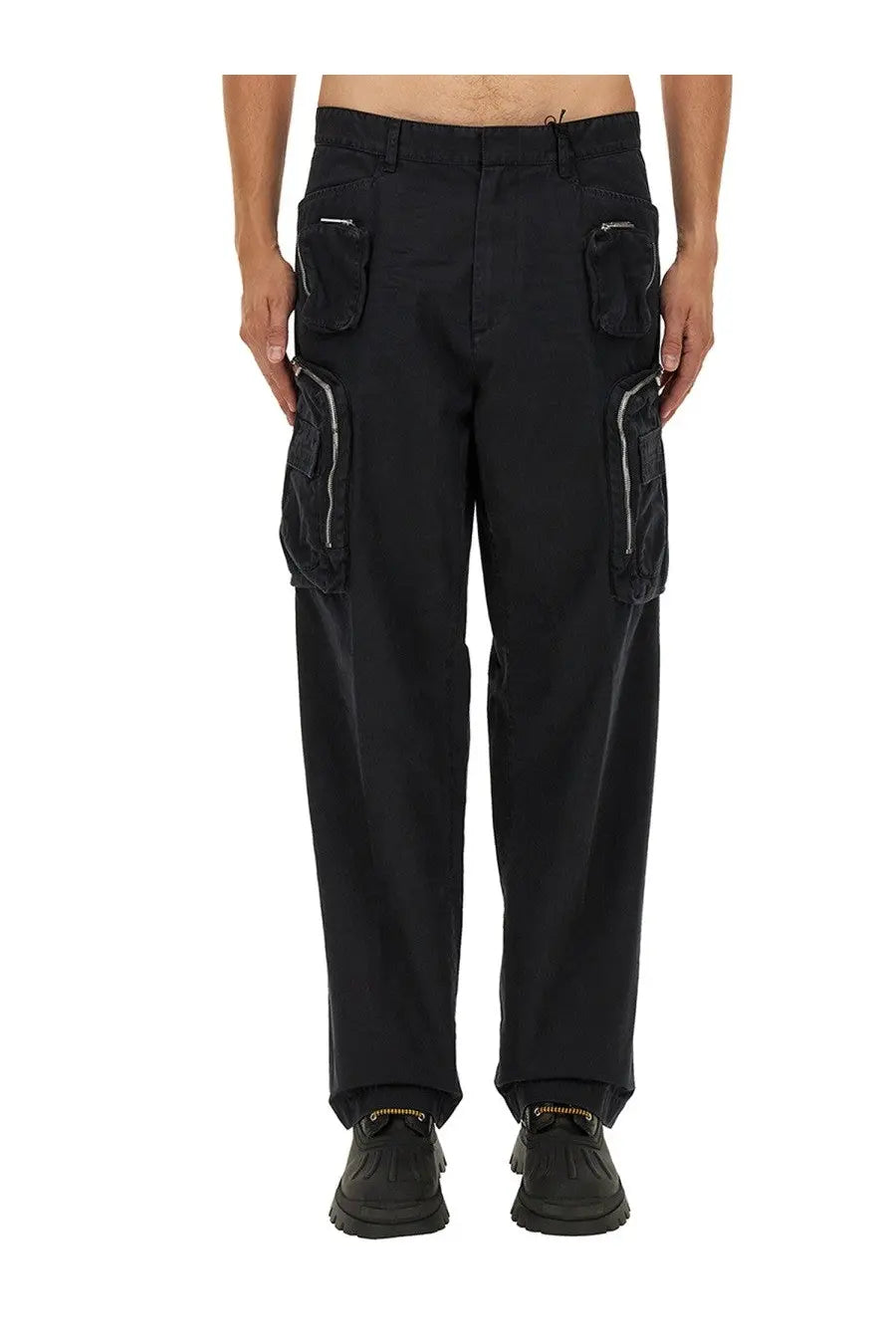 Dsquared2 men’s black cotton cargo pants with multiple pockets and silver zipper accents in a front view