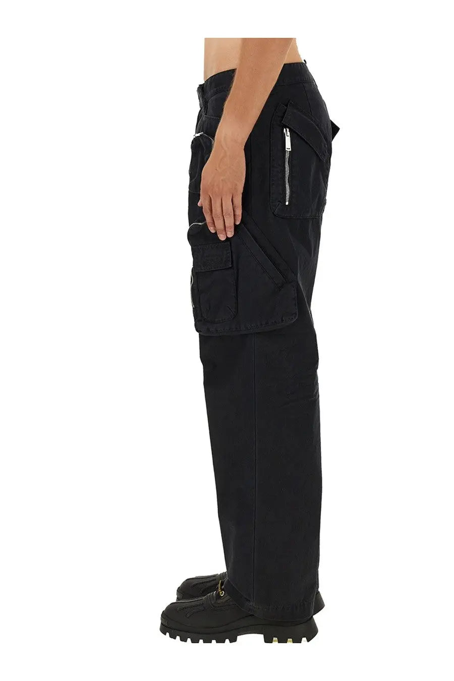 Dsquared2 men’s black cotton cargo pants with multiple pockets and zipper details for utility and style