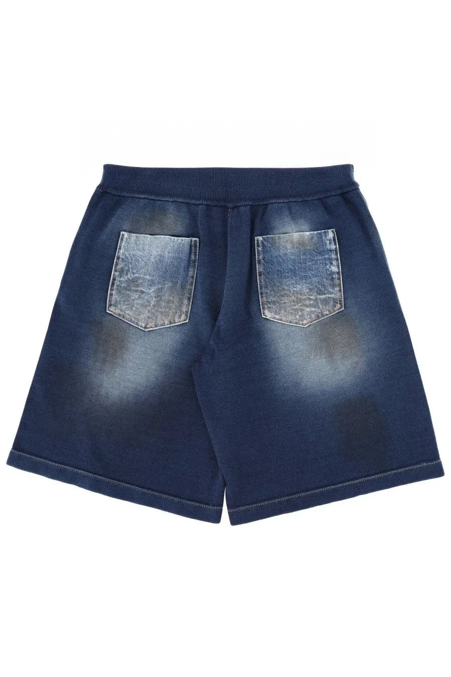 Dsquared2 men’s cotton shorts in dark blue denim with faded distressed pockets and a ribbed elastic waistband