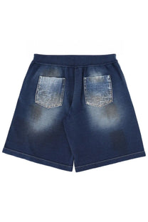 Dsquared2 men’s cotton shorts in dark blue denim with faded distressed pockets and a ribbed elastic waistband