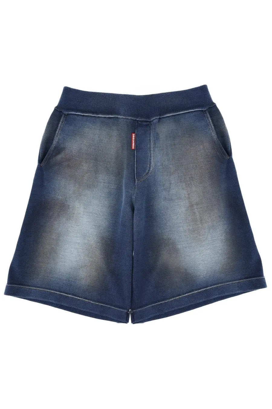 Dsquared2 men’s cotton dark blue denim shorts with faded distressed look and elastic waistband front view