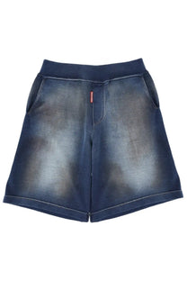 Dsquared2 men’s cotton dark blue denim shorts with faded distressed look and elastic waistband front view
