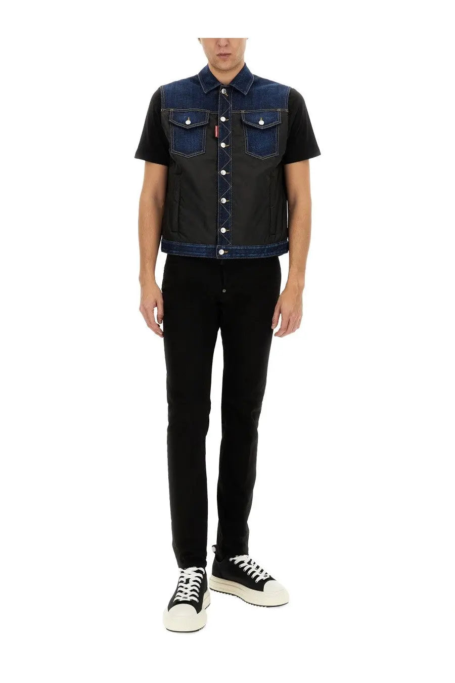Dsquared2 men’s blue and black denim puffer vest with button closures and a sleeveless design