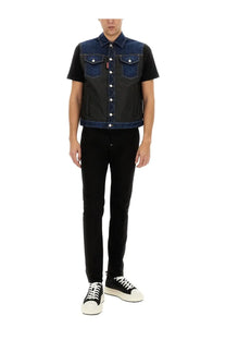 Dsquared2 men’s blue and black denim puffer vest with button closures and a sleeveless design