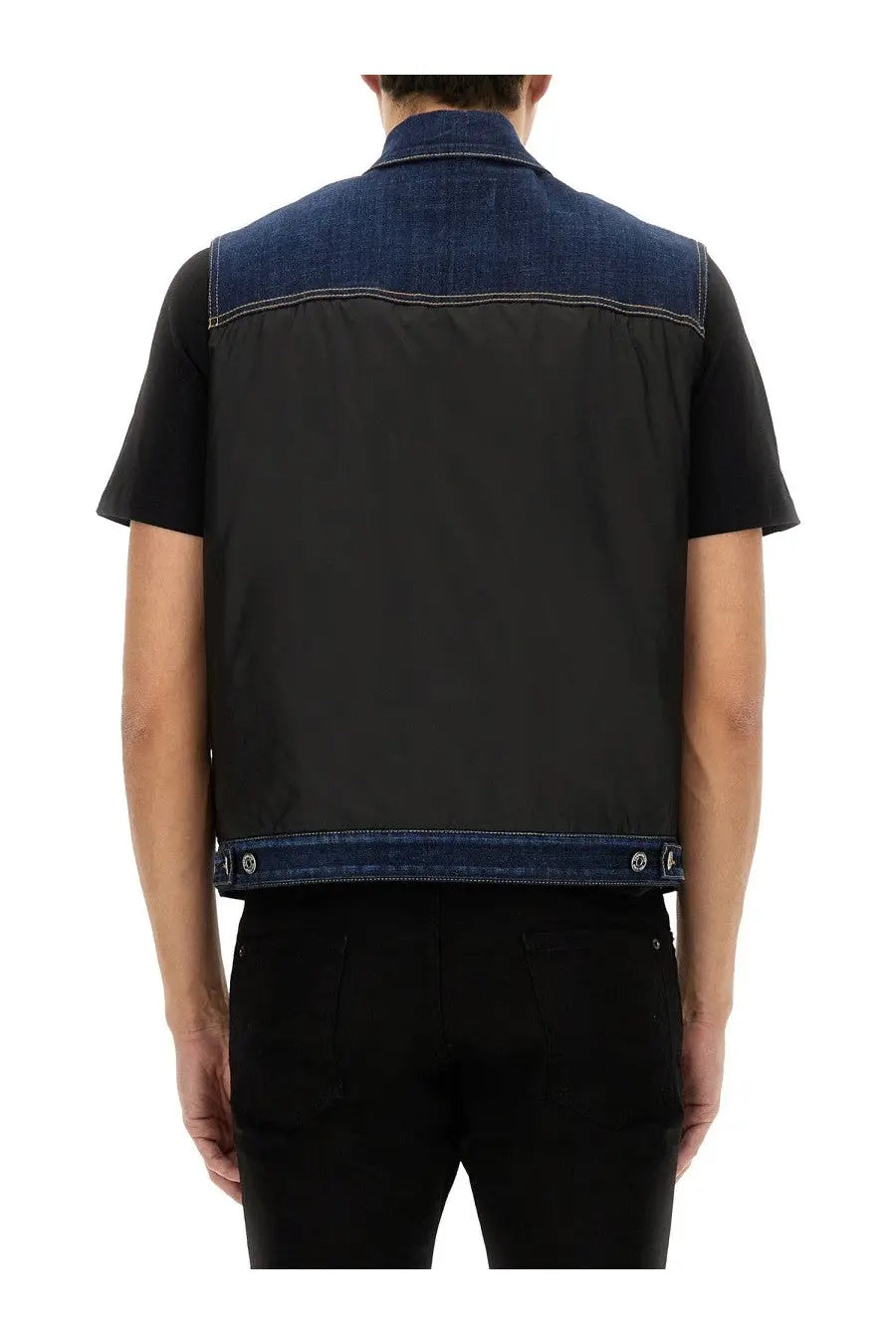 Dsquared2 men’s denim puffer vest in black and blue patchwork with contrasting stitching